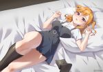  1girl absurdres artist_name bed black_thighhighs blush breasts collared_shirt commentary_request dress dress_shirt fingerless_gloves gloves grey_dress hair_between_eyes highres legs looking_at_viewer love_live! love_live!_superstar!! lying medium_breasts medium_hair on_back on_bed open_mouth orange_hair pillow pinafore_dress purple_eyes red_ribbon ribbon school_uniform shibuya_kanon shirt short_dress short_sleeves single_thighhigh sleeveless sleeveless_dress solo swept_bangs thighhighs twitter_username unworn_thighhighs white_shirt yuigaoka_school_uniform yzlkun 