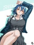  1girl absurdres blue_hair blue_jacket breasts brown_eyes character_name commentary dress endo_yohane grey_dress highres jacket knee_up large_breasts looking_at_viewer love_live! love_live!_superstar!! lying medium_hair neck_ribbon on_back open_mouth red_ribbon ribbon school_uniform shirt signature unbuttoned unbuttoned_shirt untied_ribbon wakana_shiki white_background white_shirt yuigaoka_school_uniform 