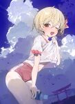  1girl absurdres between_legs blonde_hair blue_sky bottle bow breasts buruma clothes_lift crossed_bangs dated_commentary fangs gym_shirt gym_uniform hair_between_eyes hair_bow heavy_breathing highres holding holding_bottle lifting_own_clothes navel nipples no_bra one_eye_closed open_mouth red_bow red_buruma red_eyes red_nails rumia see-through_clothes see-through_shirt shirt shirt_lift short_hair short_sleeves skin_fangs sky small_breasts smile solo stomach sweat torii touhou water_bottle white_shirt ya_yuan 