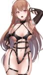  1girl absurdres armpits assertive azur_lane bangs bdsm bondage bondage_outfit bound breasts brown_hair cleavage clothing_cutout dominatrix earrings elbow_sleeve eyebrows_visible_through_hair femdom fishnets garter_straps hand_on_head hand_on_hip haneramu highres hoop_earrings jean_bart_(azur_lane) jewelry large_breasts leotard long_hair navel navel_cutout open_mouth pink_eyes revealing_clothes thighs white_background 