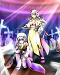  1boy 1girl animal_skull blue_eyes blue_hair boots breasts capelet cleavage closed_mouth coat commentary_request cross cross_necklace expressionless full_body gold_trim hat holding holding_staff jewelry long_hair looking_at_viewer medium_breasts necklace on_one_knee pants pazy pink_capelet pink_skirt priest_(ragnarok_online) purple_boots purple_coat purple_eyes purple_hair purple_pants ragnarok_online sage_(ragnarok_online) short_hair skirt smile staff tam_(ragnarok_online) tombstone white_hat 