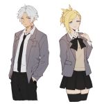  1boy 1girl black_legwear blazer blonde_hair blue_eyes braid cropped_legs eyebrows_visible_through_hair final_fantasy final_fantasy_xiv grey_eyes hand_in_pocket highres hyur jacket looking_at_viewer lyra-kotto minfilia_warde neck_tattoo necktie open_blazer open_clothes open_jacket pleated_skirt school_uniform skirt tattoo thancred_waters thighhighs white_background white_hair 