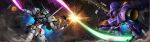  absurdres asteroid asymmetrical_dual_wielding battle beam_rifle cable company_name copyright_notice debris dual_wielding duel dust_cloud earth_federation_space_forces energy_beam energy_gun energy_sword engage_gundam explosion gundam gundam_battle_operation_2 gundam_u.c._engage highres holding holding_sword holding_weapon kampfer_(mobile_suit) kampfer_high_mobility_type machinery mecha mecha_focus mobile_suit no_humans one-eyed painting_(medium) radio_antenna realistic robot scan science_fiction space sparks sunrise_(company) sword tenjin_hidetaka thrusters traditional_media v-fin weapon zeon 