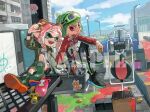  1boy 1girl :d animal_ear_hairband animal_ears badge beanie bear_ears black_leggings black_shoes black_shorts blaster_(splatoon) boots brown_hairband closed_mouth eyebrow_cut fake_animal_ears fangs fingerless_gloves full_body gloves goggles goggles_on_headwear green_boots green_eyes green_hair green_hat green_jacket hairband hat highres holding_badge inkling inkling_girl inkling_player_character jacket leggings long_sleeves looking_at_another miko_(15476997) octoling octoling_boy octoling_player_character open_clothes open_jacket open_mouth outdoors pink_eyes pink_hair pointy_ears pom_pom_(clothes) pom_pom_beanie red_jacket rubber_boots sample_watermark shirt shoes short_hair shorts single_glove smile splatoon_(series) splatoon_3 splattershot_(splatoon) tentacle_hair watch watermark white_gloves white_shirt wristwatch 