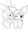 2022 32up 3:4 anthro anthro_on_anthro black_eyes blush blush_lines clothing demon digital_drawing_(artwork) digital_media_(artwork) duo eyelashes featureless_feet featureless_hands feet female female/female female_anthro flower_accessory half-closed_eyes hand_holding headgear headwear heart_print heart_symbol hi_res hood kuromi lagomorph leporid looking_at_another mammal my_melody narrowed_eyes one_eye_closed onegai_my_melody pink_blush pink_heart print_clothing print_headgear print_headwear print_hood rabbit round_tail sanrio short_tail small_nose smile standing tail