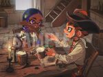  1boy 1girl beer_mug black_hair black_hat colored_extremities cross-shaped_pupils cup dark-skinned_female dark_skin earrings glass_bottle grin hat highres holding holding_cup hoop_earrings inkling inkling_girl inkling_player_character jewelry looking_at_another medium_hair miko_(15476997) mug multicolored_hair necklace octoling octoling_boy octoling_player_character on_chair open_mouth orange_hair pirate_hat pointy_ears ponytail purple_eyes purple_hair sample_watermark shirt sitting smile splatoon_(series) symbol-shaped_pupils table tentacle_hair two-tone_hair watermark white_shirt wooden_chair wooden_table yellow_eyes yellow_pupils 