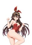  1girl :d alternate_costume amber_(genshin_impact) ass bare_legs bare_shoulders black_bow black_neckwear blush bow bowtie breasts brown_hair bunny_tail cleavage commentary detached_collar english_commentary fake_tail feet_out_of_frame genshin_impact goggles goggles_on_head hair_ribbon highres leg_up leotard long_hair looking_at_viewer open_mouth orange_eyes paw_pose playboy_bunny red_leotard red_ribbon ribbon round_teeth small_breasts smile solo sony_kisaragi standing standing_on_one_leg strapless strapless_leotard tail teeth upper_teeth very_long_hair wrist_cuffs 