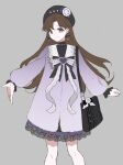  1girl bag beret black_bag black_bow black_bowtie black_dress black_hat bow bow_earrings bowtie brooch brown_eyes brown_hair carefree_moments_(infinity_nikki) chinese_commentary closed_mouth coat commentary cowboy_shot dot_nose dress earrings flat_color frilled_sleeves frills grey_background hat hat_bow hat_ornament heart heart_brooch heart_earrings heart_hat_ornament highres infinity_nikki jewelry jirai_kei knees lace-trimmed_bowtie lace-trimmed_dress lace_trim long_hair long_sleeves looking_to_the_side nikki_(series) outstretched_hand parted_bangs puffy_long_sleeves puffy_sleeves purple_bow purple_brooch purple_coat short_dress shoulder_bag simple_background smile solo standing tareme turtleneck turtleneck_dress very_long_hair white_bow white_bowtie youyidianqingming 