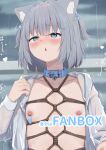  1girl animal_ear_fluff animal_ears bdsm blue_collar blue_eyes blush bondage bound collar commentary_request cropped grey_hair hair_ornament highres hinata_(user_rjkt4745) nipple_piercing nipples open_clothes open_shirt original paid_reward_available piercing rope shibari shirt solo upper_body white_shirt 