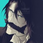  1boy bleach bleach:_sennen_kessen-hen blue_background extra_pupils eyelashes facial_hair hair_between_eyes highres long_hair male_focus mature_male mustache ovasayuri simple_background solo upper_body watermark yhwach 