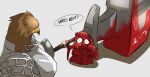  1boy 1girl armor bird_boy blood blood_on_face blood_on_weapon chibi elden_ring elden_ring_nightreign english_text guardian_(elden_ring) highres huge_weapon looking_at_another o&#039;donnis plate_armor revenant_(elden_ring) simple_background sweatdrop war_hammer weapon 