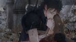  1boy 1girl absurdres aerith_gainsborough armor black_hair black_sweater blurry blurry_background braid braided_ponytail brown_hair buster_sword choker closed_eyes closed_mouth dirty dirty_clothes dirty_face english_commentary final_fantasy final_fantasy_vii final_fantasy_vii_rebirth final_fantasy_vii_remake highres jacket mianmian741 outdoors parted_bangs ponytail rain red_jacket shoulder_armor sleeveless sleeveless_turtleneck spiked_hair sweater sword sword_on_back tears turtleneck turtleneck_sweater unconscious upper_body weapon weapon_on_back zack_fair 