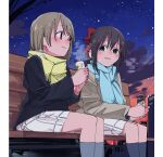  2girls black_jacket blue_eyes blue_scarf blush border bow brown_hair can drink drink_can dusk grey_jacket grey_socks hair_between_eyes hair_bow haruruhaharur holding holding_drink jacket long_hair looking_at_another love_live! love_live!_nijigasaki_high_school_idol_club multiple_girls nakasu_kasumi neck_ribbon nijigasaki_school_uniform on_bench osaka_shizuku outdoors plaid_clothes plaid_skirt pleated_skirt red_bow red_eyes ribbon scarf school_uniform short_hair sidelocks sitting skirt sky smile socks star_(sky) starry_sky white_border winter_uniform yellow_scarf 