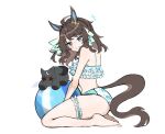  1girl ahoge alternate_costume animal_ears ass babie ball beachball blue_eyes blush collarbone commentary_request contrail_(racehorse) daring_tact_(umamusume) full_body grin hair_ornament highres horse_ears horse_tail long_hair looking_at_viewer simple_background smile star_(symbol) star_hair_ornament swimsuit tail umamusume white_background 