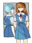  2girls arms_behind_back ayanami_rei blue_hair blue_skirt blue_vest brown_hair closed_mouth dot_mouth hair_between_eyes hatimoto highres interface_headset_(evangelion) long_hair multiple_girls neck_ribbon neon_genesis_evangelion ribbon school_uniform shirt short_hair short_sleeves simple_background skirt souryuu_asuka_langley tokyo-3_middle_school_uniform vest white_shirt 