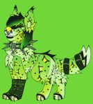 2025 accessory ambiguous_gender arctic_wolf armwear belt binary_code black_hair black_sclera butterfly_(accessory) canid canine canis claws clothing collar coontail_hair countershading digital_media_(artwork) facial_piercing feral feral_with_hair fluffy fluffy_tail fur furgonomics gradient_hair green_body green_eyes green_fur green_hair green_pupils hair hi_res ibispaint_(artwork) jackrabbit_(artist) leopard_spots long_spikes mammal nose_piercing paws piercing pupils smile smirk solo sparklefur spiked_collar spikes spots standing stylized swirl tail tail_accessory tail_belt wolf yellow_nose