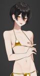  1boy :p absurdres agamemega arm_at_side bandaid bandaids_on_nipples bare_shoulders bikini bikini_top_pull black_background black_hair blush bulge collarbone cowboy_shot gold_bikini hair_between_eyes highres kogane-kun_(agamemega) looking_at_viewer male_focus mole mole_under_eye navel original pasties pectorals short_hair side-tie_bikini_bottom simple_background solo stomach swimsuit tongue tongue_out yellow_eyes 