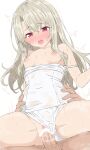  1girl absurdres alternate_costume bar_censor blush breasts brown_hair censored clothing_aside collarbone commentary_request fate/stay_night fate_(series) from_behind highres illyasviel_von_einzbern looking_at_viewer motion_lines open_mouth pussy_juice red_eyes school_swimsuit sex small_breasts solo spread_legs sweat swimsuit swimsuit_aside watti3600 white_background 