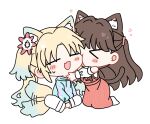  &gt;_&lt; 2girls :d animal_ears bare_shoulders biting biting_cheek blonde_hair blue_hair blue_hoodie blush brown_hair cat_ears cat_girl cat_tail chibi chibi_only closed_eyes clothes_writing clothing_cutout commentary dog_ears dog_girl dog_tail dress fang flower fujishima_megumi fujishima_megumi_(winter_loungewear) full_body gradient_hair hair_flower hair_ornament heart highres hood hoodie kemonomimi_mode kneeling link!_like!_love_live! long_dress long_hair long_sleeves love_live! mira-cra_park! multicolored_hair multiple_girls official_alternate_costume orange_dress osawa_rurino osawa_rurino_(winter_loungewear) pants pink_flower shirt shoulder_cutout simple_background sitting skin_fang smile socks sweatdrop symbol-only_commentary tail twintails two_side_up virtual_youtuber watage_modoki white_background white_pants white_shirt white_socks yuri 