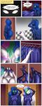 absurd_res anthro armwear bathing bed big_breasts black_armwear black_body black_clothing black_elbow_gloves black_gloves black_handwear black_latex bodysuit breasts clothed clothed_anthro clothed_female clothing comic cutie_mark dialogue dressing duo elbow_gloves english_text equid equine ethereal_hair ethereal_tail feathered_wings feathers female friendship_is_magic furniture genitals gesture gloves glowing glowing_eyes green_eyes hair handwear hasbro hi_res hooves horn hypnosis latex latex_armwear latex_bodysuit latex_clothing latex_elbow_gloves latex_gloves latex_handwear latex_skinsuit long_hair mammal master mind_control multicolored_hair multicolored_tail my_little_pony mythological_creature mythological_equine mythology nipples nude nude_anthro nude_female pink_nipples princess_celestia_(mlp) princess_luna_(mlp) salute shower showering sibling_(lore) sister_(lore) sisters_(lore) skinsuit speech_bubble story story_in_description syberfab tail text tight_clothing unicorn_horn vulva white_body winged_unicorn wings