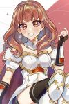  1girl armor black_skirt black_thighhighs breastplate breasts cape celica_(fire_emblem) choker cleavage dress earrings fingerless_gloves fire_emblem fire_emblem_echoes:_shadows_of_valentia gloves highres higuluma jewelry leg_armor long_hair medium_breasts princess red_eyes red_hair skirt smile thighhighs tiara white_armor white_dress 