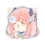  1girl black_shirt blue_collar blue_horns chibi chinese_commentary chinese_text closed_eyes collar commentary_request cropped_torso dragon_horns hair_ornament hand_on_own_cheek hand_on_own_face horns huizi light_blush long_hair loose_hair_strand nikki_(nikki) nikki_(series) nose_bubble open_mouth outline pink_background pink_hair second-party_source shirt sleepy small_horns solo tassel translation_request turtleneck turtleneck_shirt two-tone_background white_background white_outline yunjian 