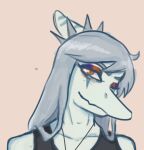 2024 amber_eyes anthro biped black_clothing black_shirt black_tank_top black_topwear blue_body blue_scales bone_frill bust_portrait clothed clothed_anthro clothed_male clothing collar crossgender eyeshadow fang_(gvh) frill_(anatomy) front_view ftm_crossgender goodbye_volcano_high grey_hair hair jewelry kenonsfw long_hair looking_at_viewer makeup male markings necklace one_eye_closed portrait prehistoric_species pterodactylus pterosaur reptile scales scalie shirt simple_background smile solo spiked_collar spikes striped_markings stripes tan_background tank_top topwear