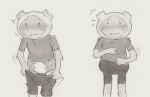 adventure_time ageplay blush bodily_fluids bottomwear cartoon_network clothed clothing diaper elemental_creature elemental_humanoid fern_(adventure_time) flora_fauna graphite_(artwork) hat headgear headwear hi_res humanoid infantilism lynxfurr male plant plant_humanoid roleplay shirt shorts smile solo sweat topwear traditional_media_(artwork) wearing_diaper