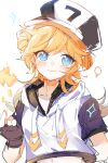  +_+ 1girl alternate_hair_length alternate_hairstyle aotu_world arrow_(symbol) baseball_cap black_gloves black_hat blonde_hair blue_eyes blush breasts chinese_commentary closed_mouth collarbone crop_top cropped_hoodie double_bun drawstring fingerless_gloves genderswap genderswap_(mtf) gloves hair_bun hand_up hat highres hood hood_down hoodie king_(aotu_world) long_hair looking_at_viewer midriff multicolored_hat navel short_sleeves simple_background sketch small_breasts smile solo sparkle tong_jun upper_body venus_symbol white_background white_hat white_hoodie 