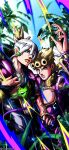  2boys absurdres araki_hirohiko_(style) belt black_bridal_gauntlets black_hoodie blonde_hair blue_sky braid bridal_gauntlets cleavage_cutout clothing_cutout commentary day earrings english_commentary giorno_giovanna giorno_giovanna&#039;s_pose_(jojo) green_eyes grey_hair grey_sleeves heart_ornament high_collar highres hood hood_down hoodie jacket jewelry jodio_joestar jodio_joestar&#039;s_pose jojo_no_kimyou_na_bouken jojo_pose ladybug_ornament long_sleeves looking_at_viewer male_focus multicolored_hair multiple_boys noonvincent orange_lips outdoors pink_belt pink_jacket short_sleeves sky stud_earrings the_jojolands tree two-tone_hair vento_aureo white_hair wing_ornament 