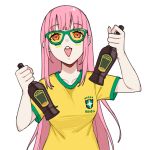  1girl 2022_fifa_world_cup absurdres alcohol arm_up blunt_bangs bottle breasts clothes_writing collarbone commentary eyebrows_hidden_by_hair facepaint green-framed_eyewear green_shirt green_trim grin hand_up highres holding holding_bottle hololive hololive_english karassawa large_breasts long_eyelashes long_hair long_sidelocks looking_at_viewer mori_calliope open_mouth pink_hair print_shirt raised_eyebrows shirt short_sleeves sidelocks simple_background smile soccer_uniform solo sportswear straight-on straight_hair sunglasses t-shirt teeth tented_shirt thick_eyelashes tinted_eyewear two-tone_shirt upper_body upper_teeth_only very_long_hair virtual_youtuber white_background world_cup yellow-tinted_eyewear yellow_shirt 