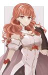  1girl armor black_gloves black_skirt breastplate breasts cape celica_(fire_emblem) choker dress earrings esuda0919 fingerless_gloves fire_emblem fire_emblem_echoes:_shadows_of_valentia gloves highres jewelry long_hair medium_breasts princess red_eyes red_hair skirt solo tiara white_armor white_dress 