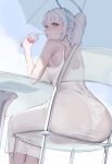  1girl absurdres alternate_costume alternate_hairstyle ass bare_arms bare_shoulders blue_archive blunt_bangs blush chojja dress drink drinking_straw drinking_straw_in_mouth from_behind highres holding holding_drink lace-trimmed_panties lace_trim long_hair noa_(blue_archive) panties ponytail purple_eyes see-through_clothes see-through_dress sleeveless sleeveless_dress solo underwear white_dress white_hair white_panties 