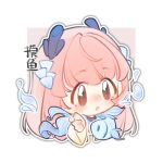  1girl :o black_shirt blue_collar blue_horns blush brown_eyes chibi chinese_clothes chinese_commentary chinese_text collar commentary_request cropped_torso dragon_horns eyes_visible_through_hair fish flying_fish hair_ornament hanfu horns huizi koi long_hair long_sleeves looking_ahead loose_hair_strand nikki_(nikki) nikki_(series) open_mouth outline outstretched_hand pink_background pink_hair second-party_source shirt small_horns solo straight_hair tareme translation_request turtleneck turtleneck_shirt two-tone_background water_drop white_background white_hanfu white_outline wide_sleeves yunjian 