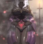  1girl bare_shoulders black_panties breasts cleavage dark-skinned_female dark_skin dla741741 dress elden_ring elden_ring_nightreign glowing_tattoo hat hat_over_eyes highres large_hat long_hair navel panties pubic_tattoo purple_hat purple_sleeves recluse_(elden_ring) solo sweat tattoo underwear white_hair witch witch_hat 