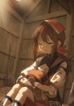  1girl android beret black_dress black_socks boots bow breasts brown_gloves brown_hair closed_eyes closed_mouth damaged dress falcon_(girls&#039;_frontline) feet_out_of_frame girls&#039;_frontline gloves hat hay headscarf highres indoors long_hair mechabare mojamozanari pitchfork red_bow red_headscarf sitting small_breasts smile socks solo sunlight twintails 