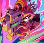  1boy animal_ears barefoot ben-day_dots bodysuit claws english_commentary furry furry_male grin guardians_of_the_galaxy gun highres holding holding_gun holding_weapon male_focus marvel marvel:_cosmic_invasion orange_bodysuit r.mikky raccoon_boy raccoon_ears raccoon_tail rocket_raccoon screentones sleeveless sleeveless_bodysuit smile smoke tail weapon 