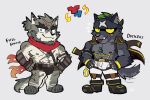  abs animal_ears another_eidos-r barefoot beard black_boots black_coat black_headband boots bulge cape character_name chibi claws closed_mouth coat coat_on_shoulders cosplay costume_switch cross_scar dickert_(another_eidos) earrings facial_hair fangs fangs_out flying_sweatdrops full_house_(another_eidos) furry furry_male grey_background hands_on_own_hips headband jewelry male_focus mixed-language_commentary multiple_scars muscular muscular_male nipples pants pectorals red_cape scar scar_across_eye scar_on_chest scar_on_face scar_on_forehead scar_on_leg scar_on_shoulder smile sollyz tail tail_wagging topless_male white_pants wolf_boy wolf_ears wolf_tail 