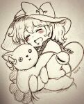  1girl blush bow closed_eyes collared_shirt commentary_request dated drooling eyeball frilled_shirt_collar frills hat hat_bow highres hugging_doll hugging_object komeiji_koishi open_mouth saliva shiro_tsugumi shirt sleeping solo stuffed_animal stuffed_cat stuffed_toy third_eye touhou traditional_media 