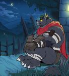  1boy animal_ears another_eidos-r bara barefoot brown_shorts cape claws closed_mouth colored_sclera colored_tips crescent_moon derivative_work dickert_(another_eidos) earrings fang fang_out furry furry_male grass highres jewelry looking_up male_focus meme mixed-language_commentary moon multicolored_hair muscular muscular_male night night_sky on_ground red_cape scar scar_across_eye scar_on_face shorts sitting sitting_wolf_(meme) sky sollyz star_(sky) tail topless_male wolf_boy wolf_ears wolf_tail yellow_sclera 