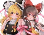  2girls ascot black_hat black_vest blonde_hair blush bound_together bow braid brown_eyes brown_hair commentary_request detached_sleeves frilled_bow frilled_hair_tubes frills hair_bow hair_tubes hakurei_reimu hat highres holding_hands interlocked_fingers kirisame_marisa long_hair looking_at_viewer multiple_girls open_mouth pink_ribbon ribbon side_braid simple_background single_braid smile touhou twitter_username vest white_background witch_hat yellow_ascot yellow_eyes yoshino_(q_sci) yuri 