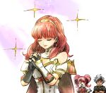  1boy 2girls armor black_gloves boey_(fire_emblem) breastplate cape celica_(fire_emblem) choker closed_eyes dark_skin dress earrings fingerless_gloves fire_emblem fire_emblem_echoes:_shadows_of_valentia gloves jewelry kicdon long_hair mae_(fire_emblem) multiple_girls orange_hair own_hands_clasped own_hands_together pink_armor pink_hair princess red_hair short_hair solo_focus star_(symbol) tiara twintails white_armor white_dress white_gloves white_hair 
