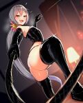  1girl absurdres akebono_(kancolle) ass bad_source bell black_boots black_gloves blurry blurry_background blush boots commission dominatrix dutch_angle elbow_gloves gloves hair_bell hair_between_eyes hair_ornament highres holding holding_whip indoors jingle_bell kantai_collection katsuten latex latex_boots latex_gloves latex_top long_hair looking_at_viewer open_mouth ponytail purple_eyes purple_hair skeb_commission solo speech_bubble textless_version thigh_boots thigh_strap very_long_hair whipping 