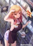  1girl ahoge apron arm_up armpits bare_arms black_apron blouse card center_frills closed_mouth colored_inner_hair commentary_request copyright_notice earrings frills fuyoyo gold_choker gradient_hair hair_ornament hairclip holding holding_card hololive hololive_dev_is ichijou_ririka ichijou_ririka_(1st_costume) indoors jewelry long_hair looking_at_viewer miniskirt multicolored_hair nail_polish official_art orange_eyes orange_hair orange_nails pencil_skirt pink_hair pink_shirt purple_skirt ring shirt shirt_tucked_in skirt sleeveless sleeveless_shirt smile solo swept_bangs thighlet translation_request virtual_youtuber watch wristwatch 