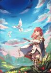  1girl armor armored_boots bird black_gloves black_skirt black_thighhighs boots breastplate cape celica_(fire_emblem) choker cloud cloudy_sky dove dress earrings fingerless_gloves fire_emblem fire_emblem_echoes:_shadows_of_valentia gloves grass highres jewelry long_hair luna_chai princess red_eyes red_hair skirt sky solo thighhighs tiara white_armor white_dress 