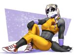  2020 4:3 abs absurd_res anthro badger bottomwear clothed clothing female footwear hi_res lidded_eyes liz_(mykegreywolf) mammal midriff mustelid musteline mykegreywolf pants shoes sitting solo text url 