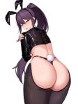 1girl :o absurdres animal_ears ass black_hairband blush commentary_request fake_animal_ears fake_tail hairband highres long_hair looking_at_viewer looking_back meme_attire open_mouth original playboy_bunny ponytail purple_hair rabbit_ears rabbit_tail reverse_bunnysuit reverse_outfit sidelocks simple_background solo tail tak. white_background yellow_eyes 