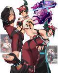  1girl ass blue_nails bracelet breasts breikka chinese_clothes choker collar cosplay dudou facial_mark fingerless_gloves gloves glowing glowing_eye green_hair hair_horns han_juri han_juri_(cosplay) jewelry kiriko_(overwatch) looking_at_viewer midriff multiple_views nail_polish navel open_pajamas overwatch pajamas panties_over_leggings pants red_pants smile spiked_bracelet spiked_collar spikes street_fighter street_fighter_6 tattoo toeless_legwear 