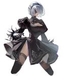  1girl 2b_(nier:automata) artist_name black_blindfold black_dress black_gloves black_hairband black_thighhighs blindfold bob_cut boots breasts cleavage cleavage_cutout closed_mouth clothing_cutout covered_eyes dress feather-trimmed_sleeves feather_trim gloves hairband highres juliet_sleeves leotard long_sleeves medium_breasts mole mole_under_mouth nier:automata nier_(series) puffy_sleeves short_hair side_slit simple_background solo thigh_boots thighhighs thighhighs_under_boots ubwmitekure white_background white_hair 