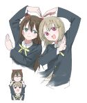  absurdres black_jacket blue_eyes blush bow brown_hair collared_shirt commentary_request crescent crescent_hair_ornament cropped_torso hair_between_eyes hair_bow hair_ornament haruruhaharur heart_arms heart_arms_duo highres jacket long_hair looking_at_another looking_at_viewer love_live! love_live!_nijigasaki_high_school_idol_club multiple_views nakasu_kasumi neck_ribbon nijigasaki_school_uniform open_mouth osaka_shizuku red_bow red_eyes ribbon school_uniform shirt short_hair sidelocks simple_background skirt smile white_background winter_uniform yellow_ribbon 